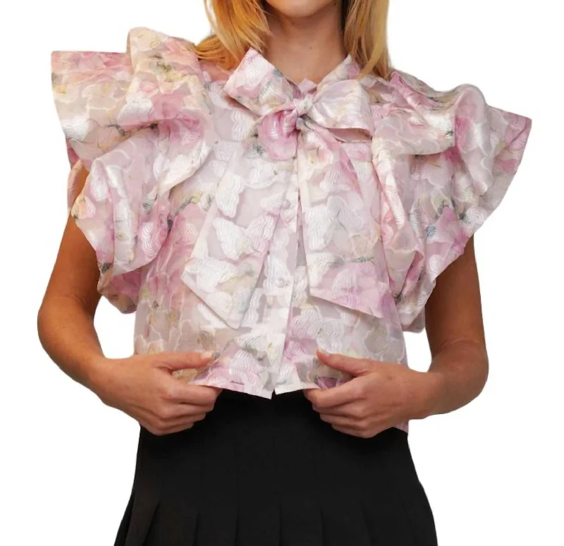 Butterfly Ruffle Bow Top In Pink Comfort First Women's Wear