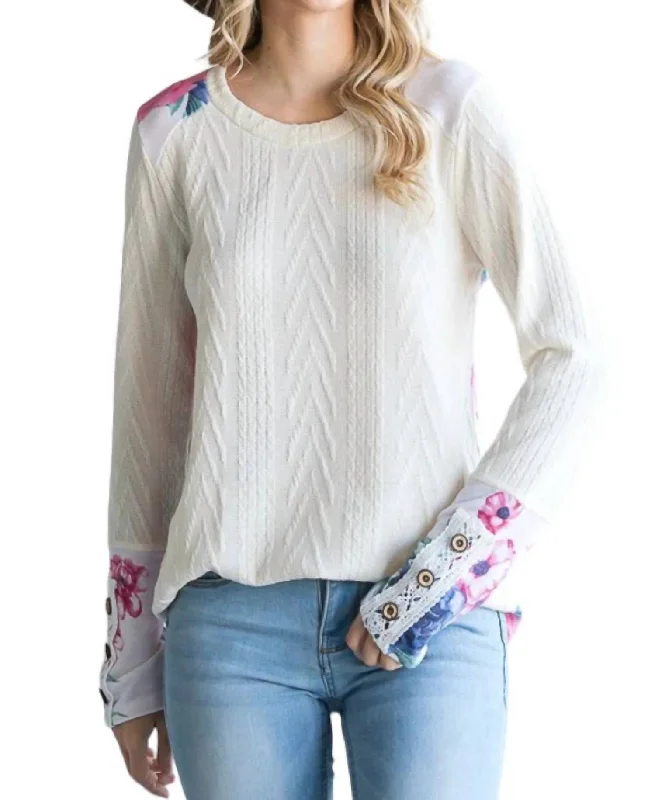 Cable Knit Button Long Sleeve Top In White Chic Trends Unveiled