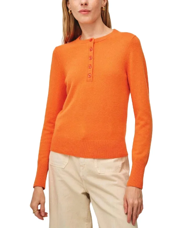 Cashmere Button Henley Top In Bright Tangerine Stylish Statements