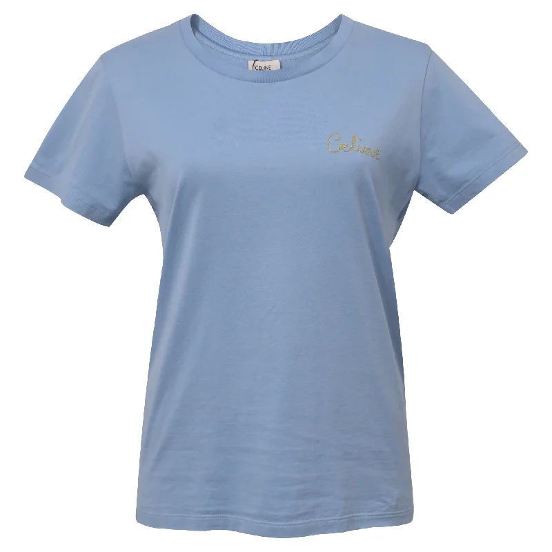 Celine Logo Short Sleeve T-Shirt in Blue Cotton Crazy Discounts, Hurry Up