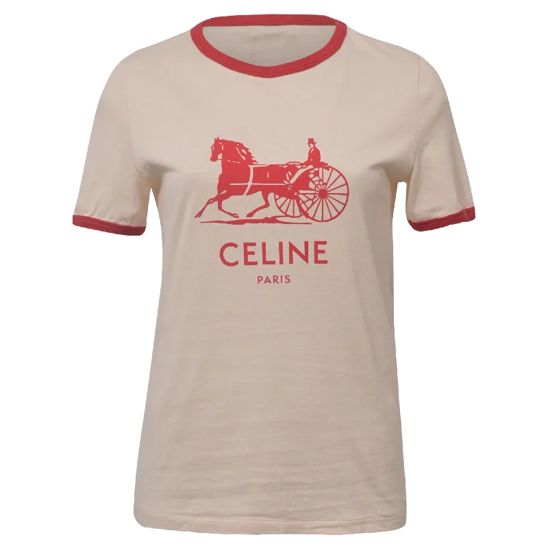 Celine Logo Short Sleeve T-Shirt in Cream and Red Cotton Explore What's New