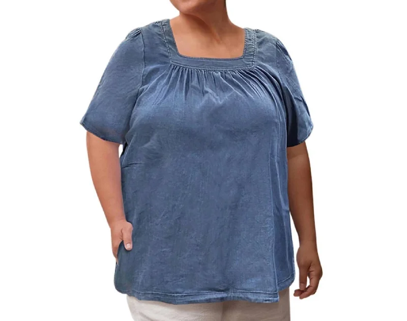 Chambray Short Sleeve Pop Over Top - Plus In Dark Wash Denim Limited Time Offer