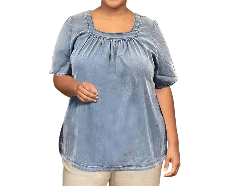 Chambray Short Sleeve Pop Over Top - Plus In Light Wash Denim Premium Fashion