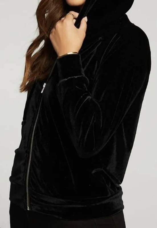 Chaser Velvet Long Sleeve Zip Up Hoodie In True Black New In This Season