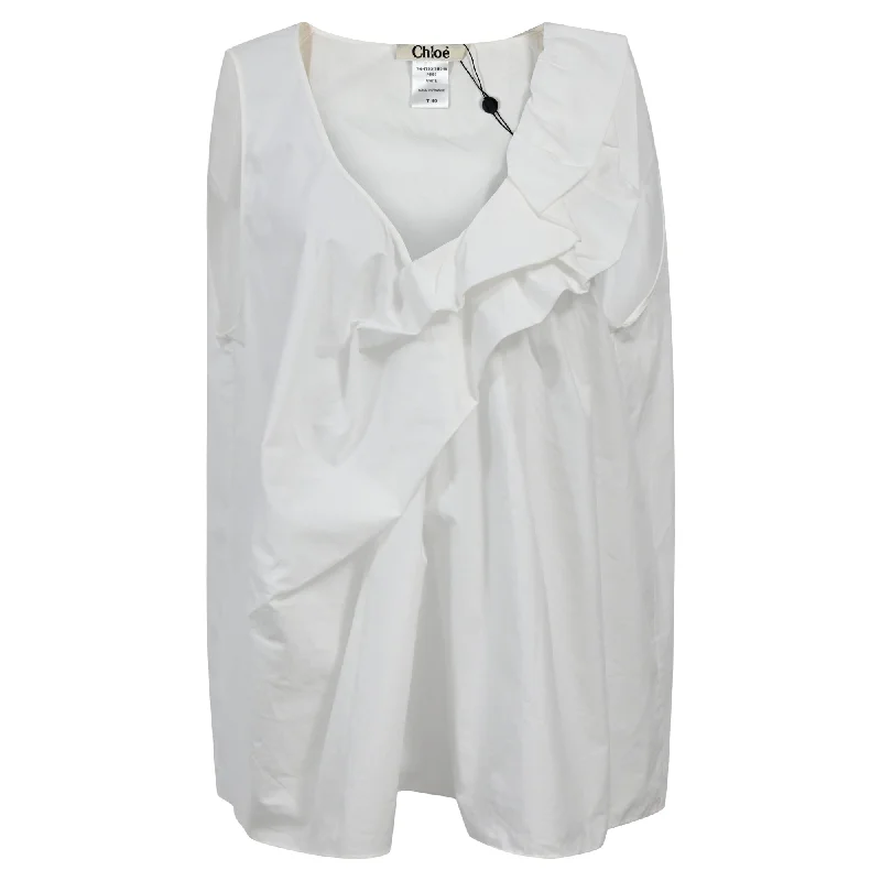 Chloe Sleeveless Ruffled Top in White Cotton Seasonal Clearance