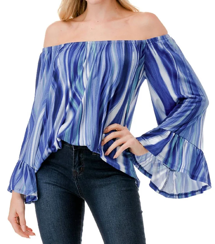 Cordella Off Shoulder Top In Blue Water Color In Blue Watercolor Casual Yet Stylish Separates