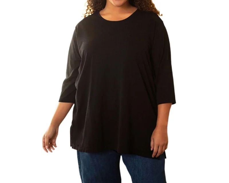 Cotton 3/4 Sleeve U-Neck Tee - Plus In Black Snag Fabulous Fashion Bargains