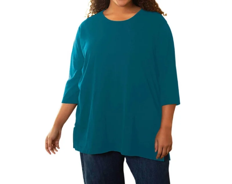 Cotton 3/4 Sleeve U-Neck Tee - Plus In Ocean Depths Massive Savings