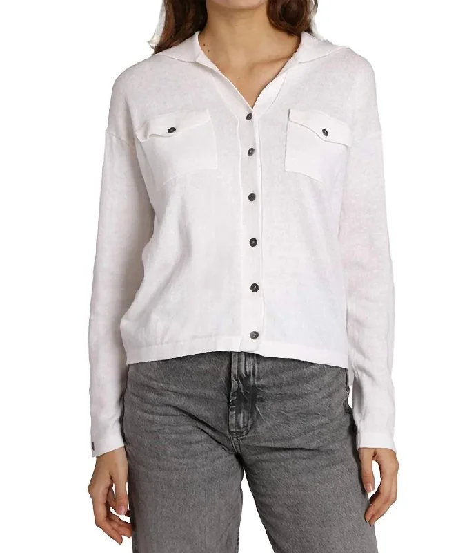 Cotton Cashmere Long Sleeve Solid Camp Shirt In White Soft Textures