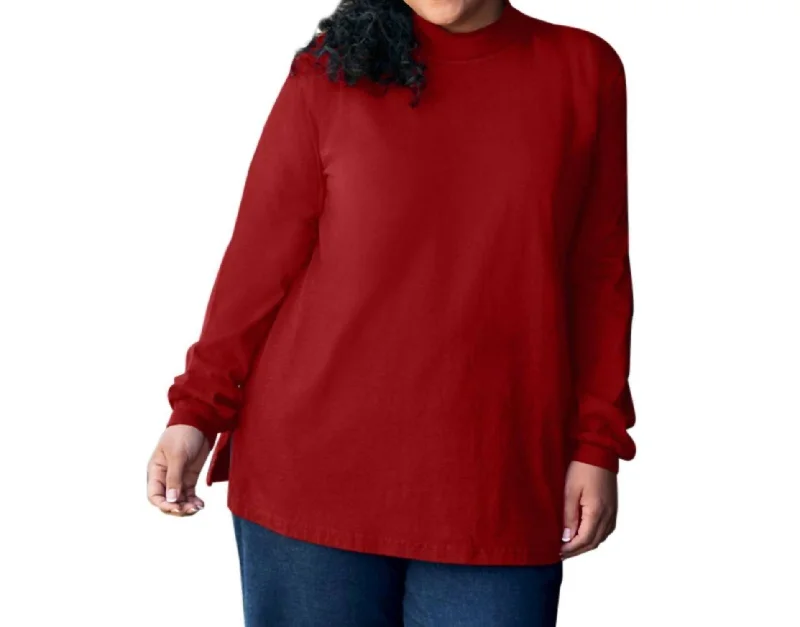 Cotton Jersey Mock Long Sleeve Top - Plus In Red Latest Fashion