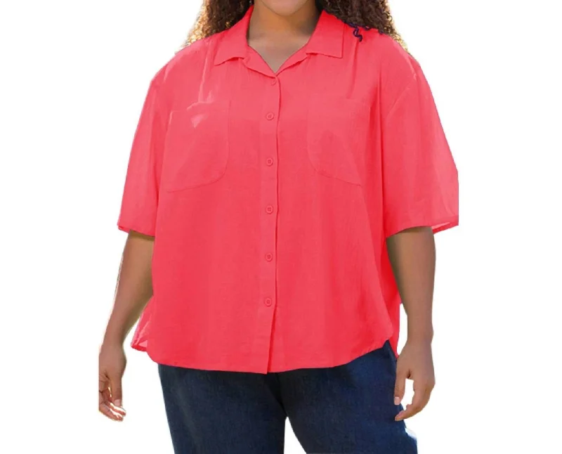 Cotton Short Sleeve Collar Shirt - Plus In Blush Coral Comfortable Chic