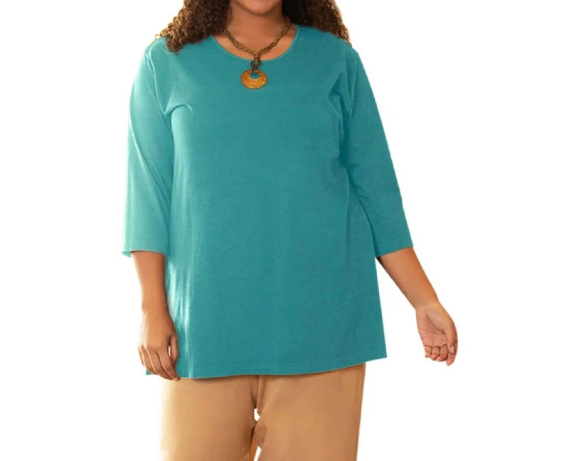 Cotton U-Neck 3/4 Sleeve Tee - Plus In Emerald Green Trendy Women's Wear