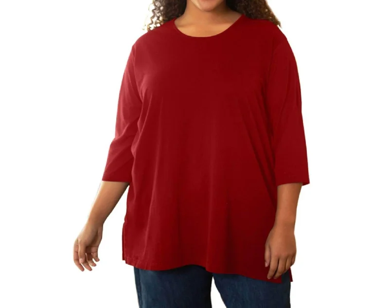 Cotton U-Neck 3/4 Sleeve Tee - Plus In Red Unbeatable Deals