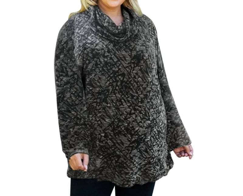 Cowl Long Sleeve Tunic - Plus In Ivory Black Elegant Attire