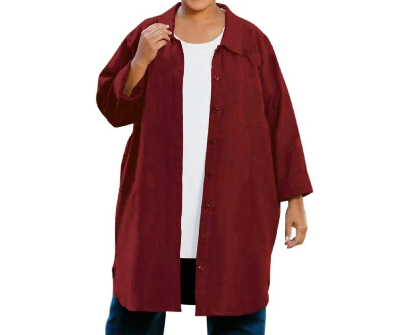 Crinkle Cotton Long Sleeve Collar Button Up Tunic - Plus In Currant Red Huge Discounts This Week