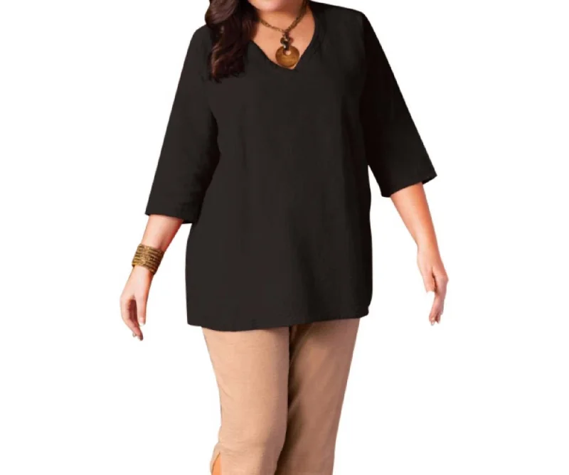 Crinkle Cotton Long Sleeve Tunic - Plus In Black Must Haves