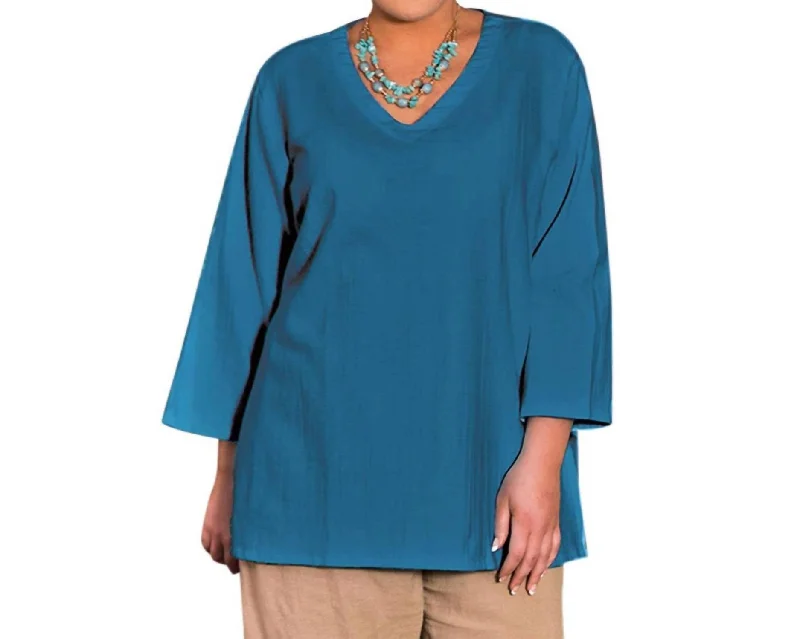 Crinkle Cotton Long Sleeve Tunic - Plus In Ocean Depths Seasonal Trends