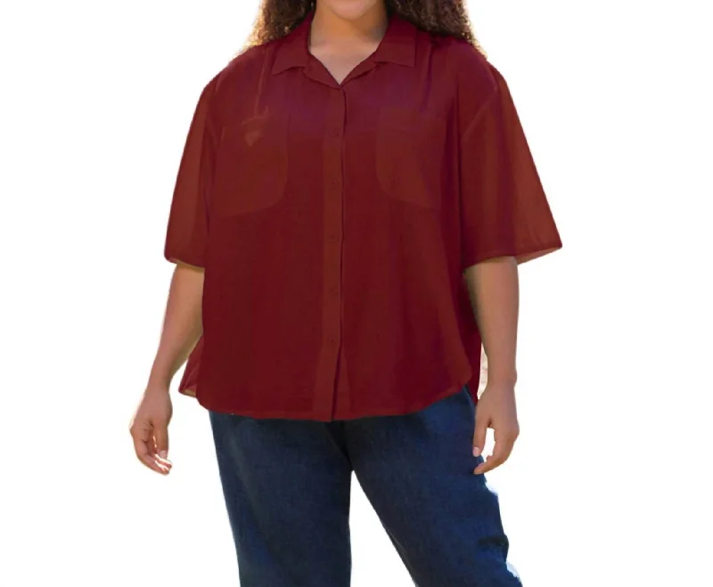 Crinkle Cotton Short Sleeve Collar Shirt - Plus In Currant Red Clearance Event