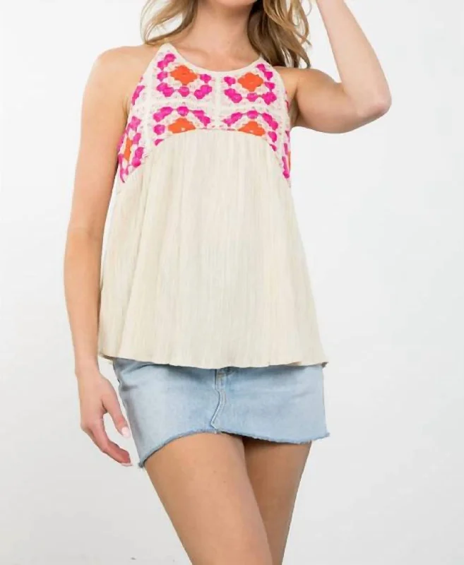 Crochet Detail Top In Cream Multi Colorful Clothing