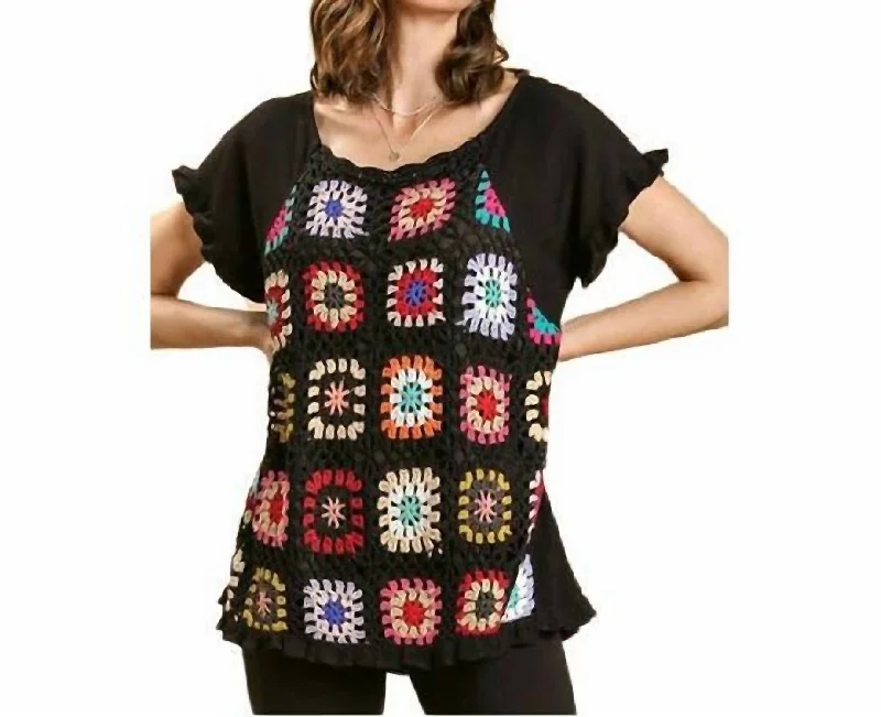 Crochet Patches Top In Black Budget Saver