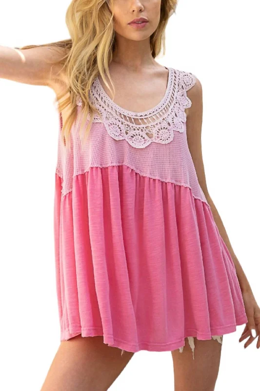 Crochet Trim Relaxed Top In Candy Pop Pink Exquisite Women's Wear Sale