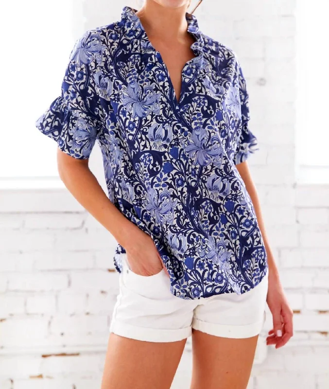 Crosby Top In Blue Iris Print Effortless Everyday Wear