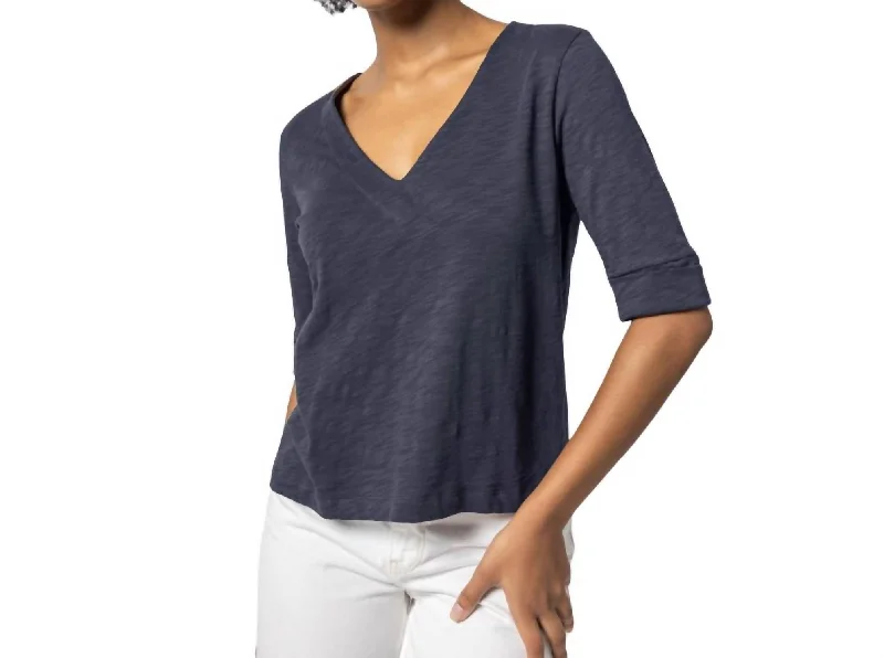 Cuffed Elbow Sleeve V Neck In Navy Chic Style, Always In Vogue