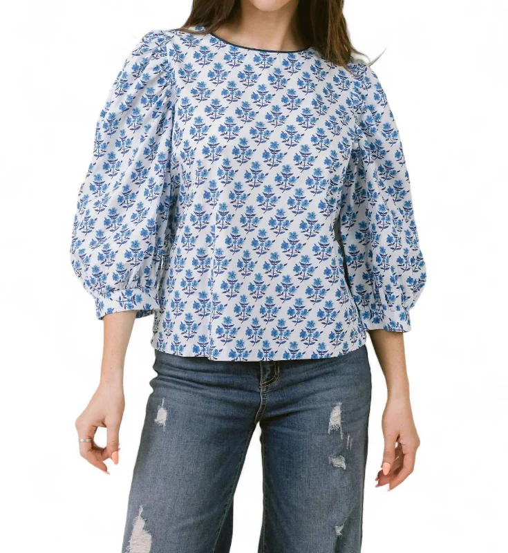 Darby 3/4 Sleeve Cotton Top In Blue Bouquet Break Fashion Norms