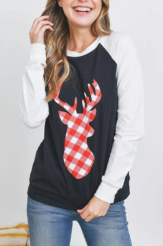 Deer Plaid Raglan Top In Black Best Sellers