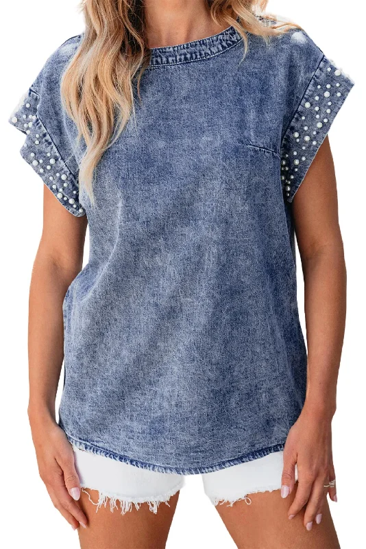 Denim Acid Wash Top With Pearl Embellished Sleeves In Dusk Blue Style Without Limits