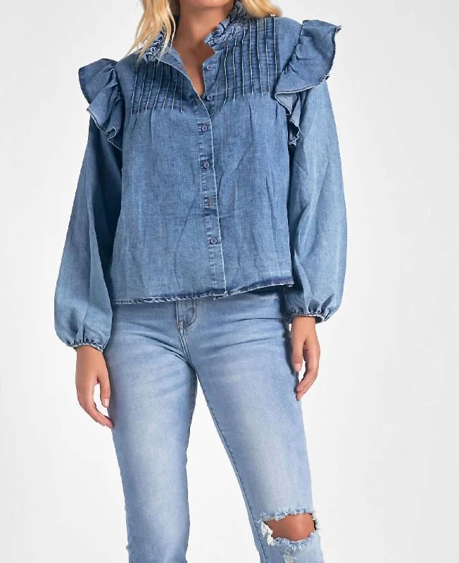 Denim Long Sleeve Ruffle Top In Blue Seasonal Sale