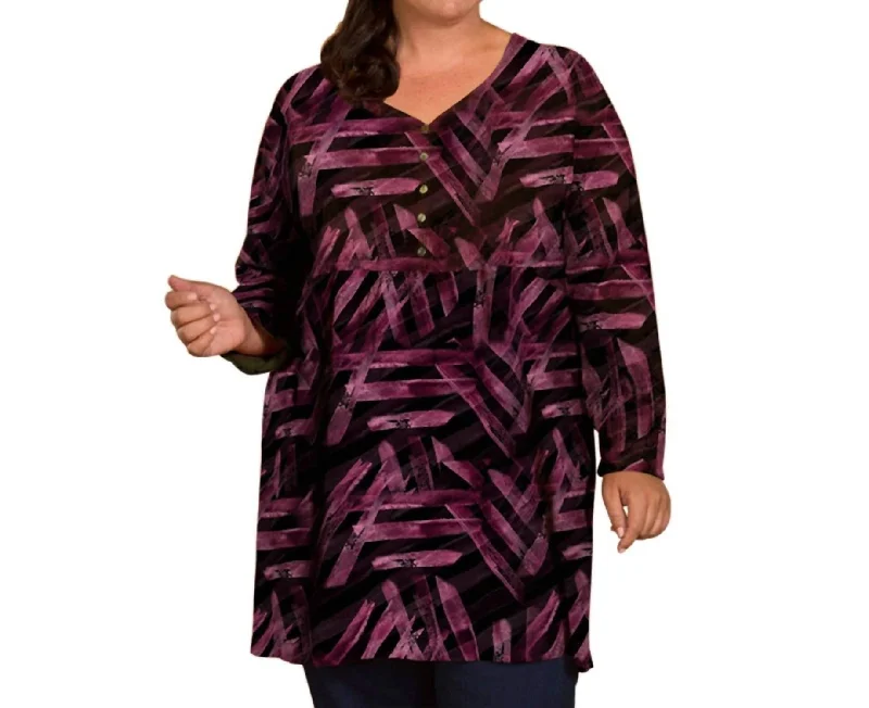 Des Fleurs Babydoll Long Sleeve Top - Plus In Purple Stripes End Of Season Sale