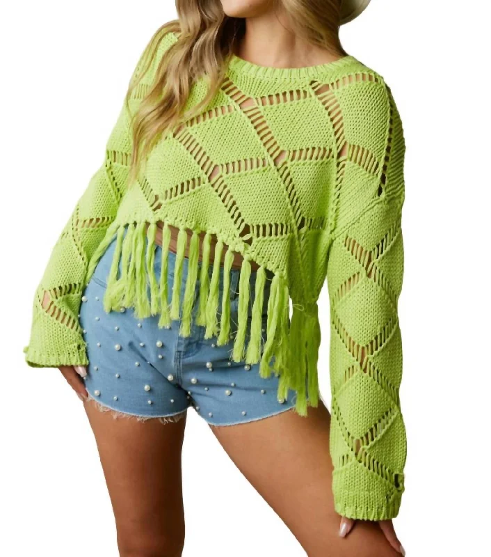 Diamond Open-Stitch Knit Top In Lime Clearance Event