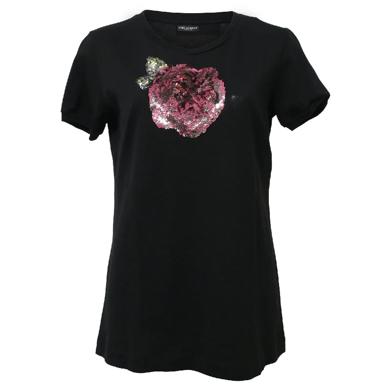 Dolce & Gabbana Floral Sequin Embellished T-Shirt in Black Cotton Minimalist Office - Ready Style