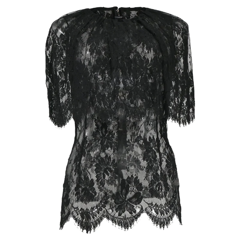 Dolce & Gabbana Lace Pattern Bateau Neckline Blouse in Black Viscose Elegant Contour