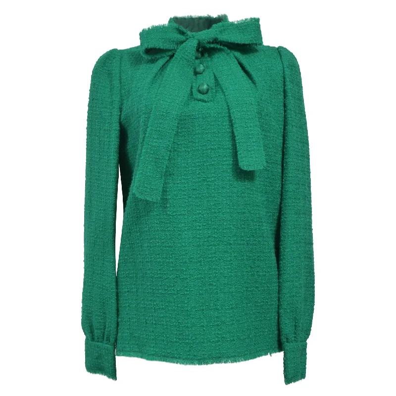 Dolce & Gabbana Pussy Bow Blouse in Green Virgin Wool Feminine Flow