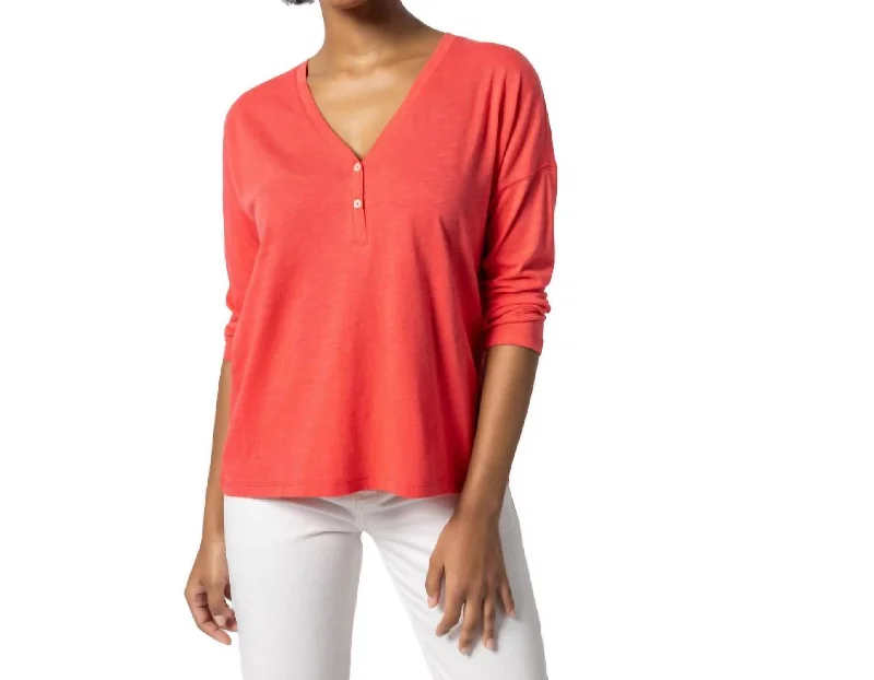 Easy V-Neck Henley Top In Flamingo The Epitome Of Modern Women's Fashion