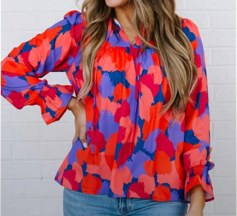 Elena Top In Midnight Haze Orange Vibrant Prints