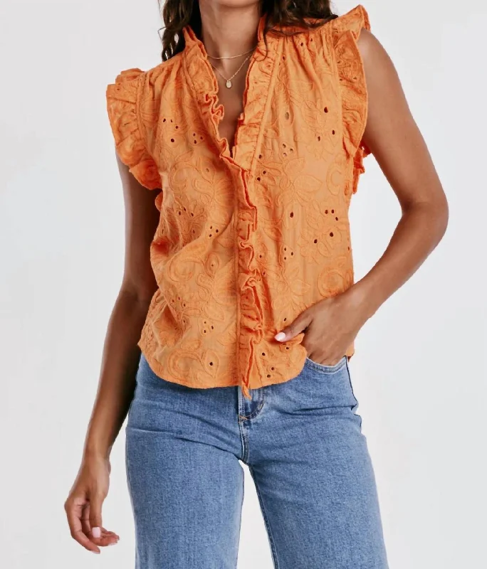 Ellie Ruffle Embroidery Top In Apricot Crush Effortless Everyday Wear