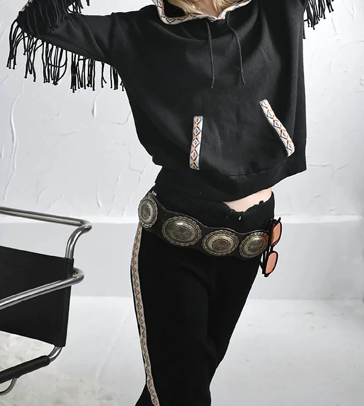 Embroidered Fringe Hoodie In Black Spring Fling Sale