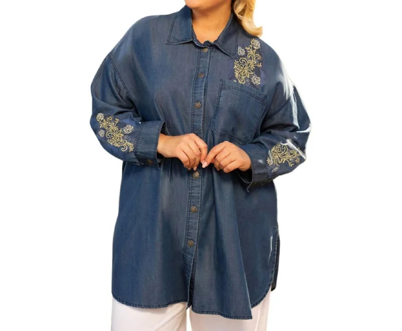 Embroidered Long Sleeve Oversize Tunic - Plus In Denim Vintage Charm