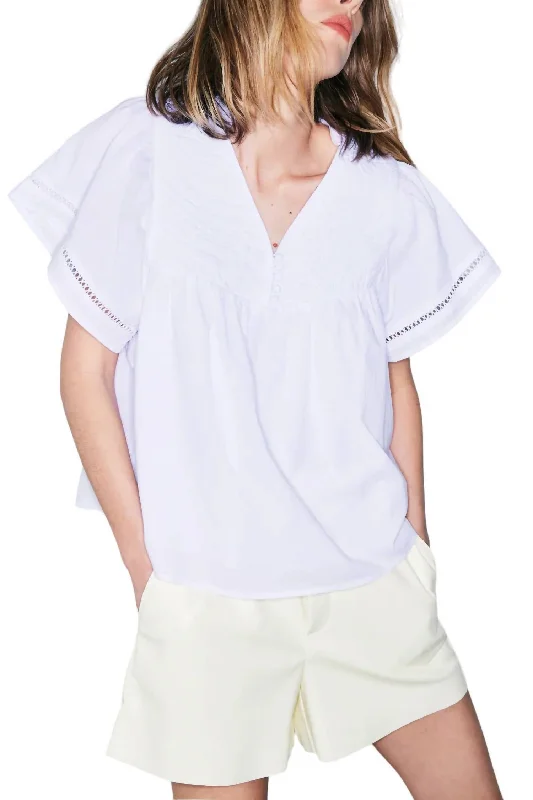 Emily Stitched Flutter Sleeve Blouse In White Chic Style