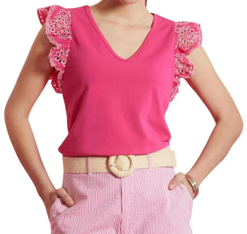 Erin Eyelet Sleeve Tee Top In Caberet Pink Fashion Forward Femme