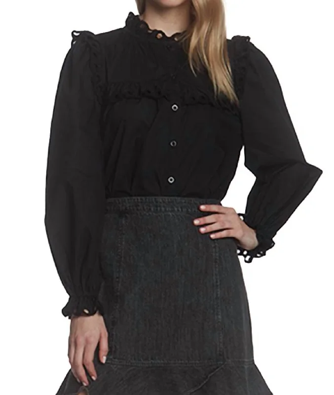 Eyelet Ruffle Trim Button Down Top In Black Summer Deals