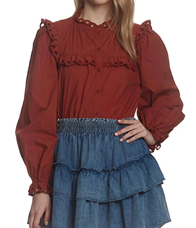 Eyelet Ruffle Trim Button Down Top In Spice Odd Size Clearance Sale