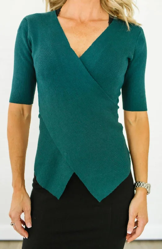 Faux Wrap Knit Top In Emerald Green Boho - Chic Festival - Ready Style