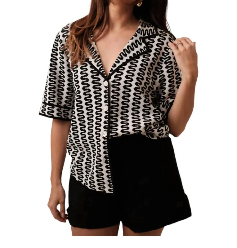 Fiji Knit Shirt In Black Art Deco Geometric Pattern Look