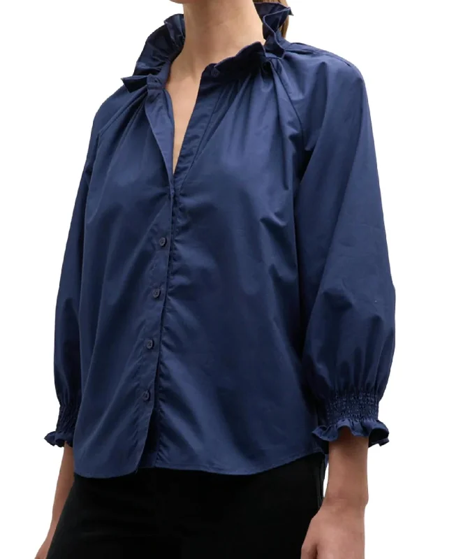 Fiona Ruffle Neck Shirt In Navy Trendy Pulse