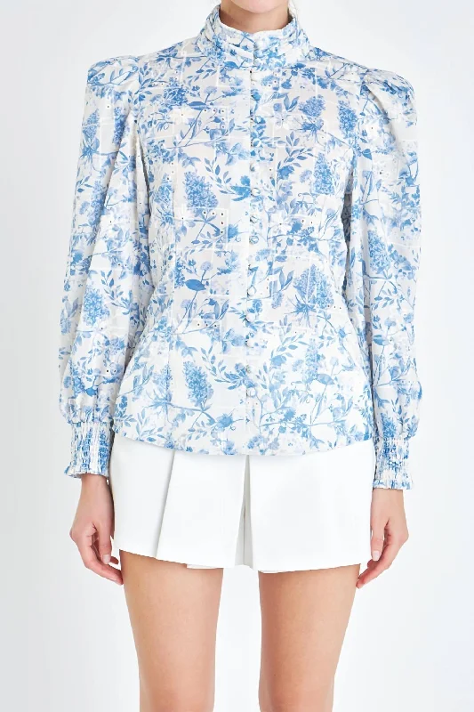 Floral Button Down Blouse In Blue High End Women's Wear