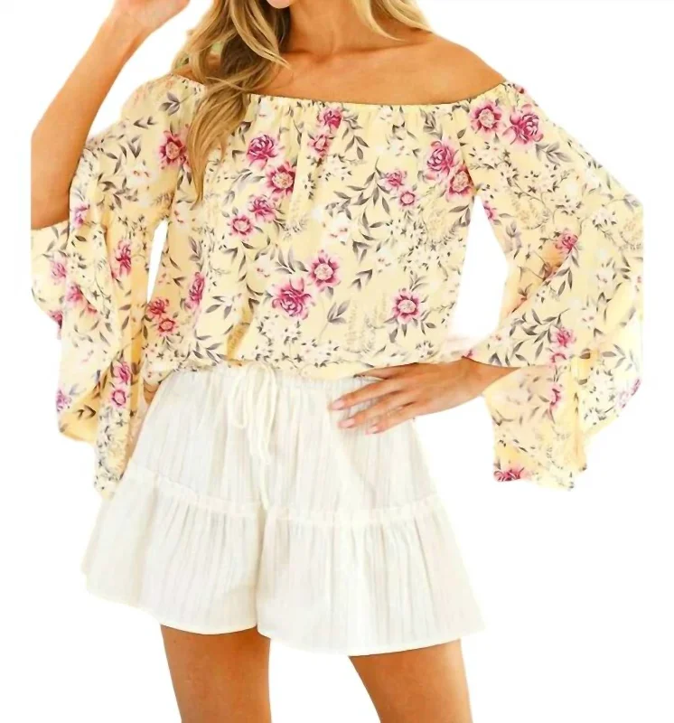 Floral Off Shoulder Top With Bell Sleeves In Yellow Soft Textures